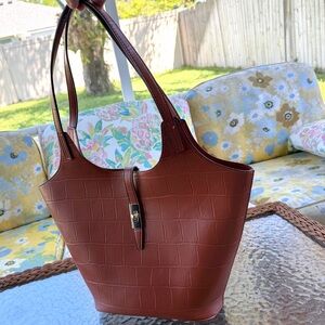 Mellow World Croc Embossed Vegan Leather Tote Brown Gold Hardware Shoulder Bag